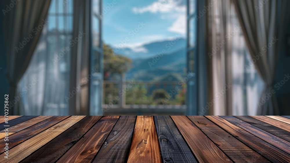 Poster empty wood table top with blur background of window with home garden view. the table giving copy spa