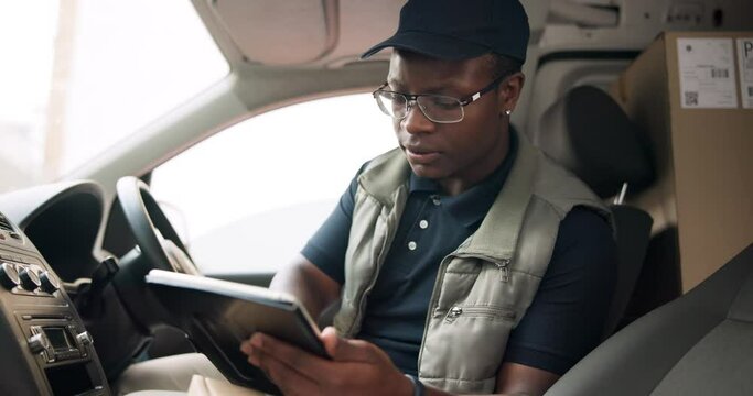 Tablet, boxes and delivery man in van for logistics or freight, distribution or b2c information. Package, cargo and courier with digital technology for supply chain and order inventory in vehicle.