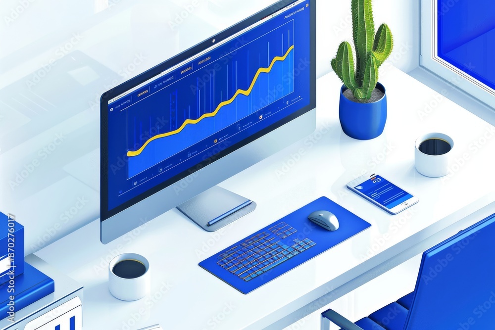 Poster modern digital illustration of a workspace with multiple screens and graphs