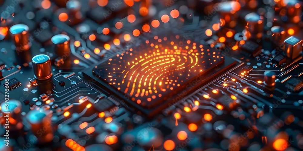 Poster high tech motherboard with glowing digital fingerprint symbolizing cutting edge cybersecurity access