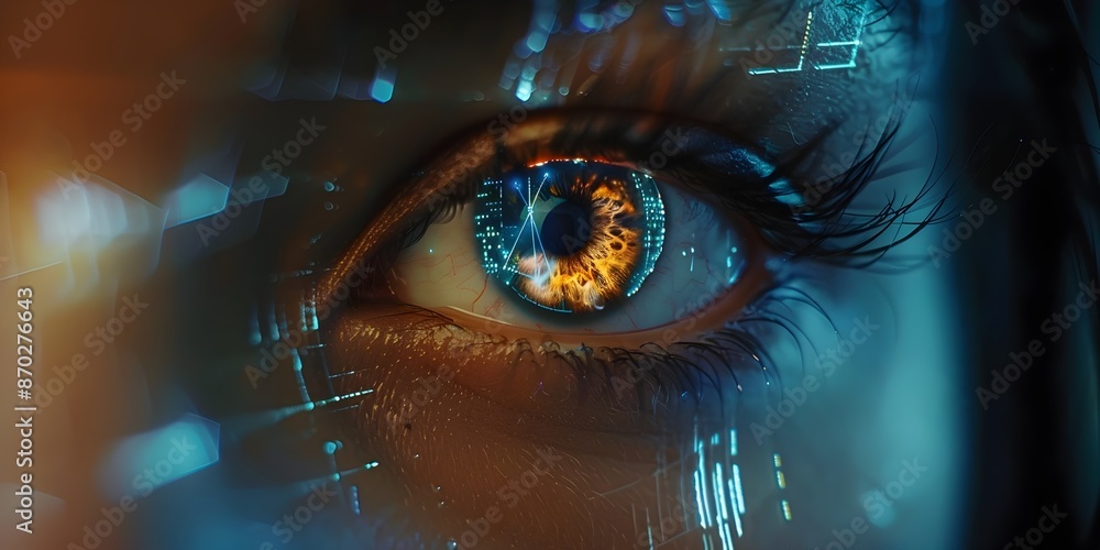 Poster futuristic biometric identification eye with digital holographic overlays symbolizing advanced high 