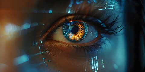 Futuristic Biometric Identification Eye with Digital Holographic Overlays Symbolizing Advanced High Tech Security and Surveillance in a Conceptual