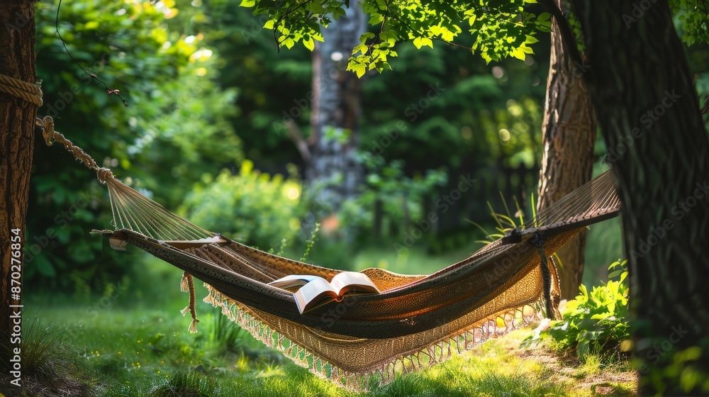 Poster the simplicity of enjoying a summer afternoon in a hammock with a good book, the gentle swaying and 