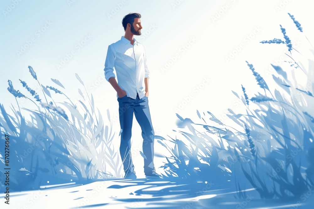 Poster man standing in a serene field with light blue tones embodying calmness and contemplation in a minim