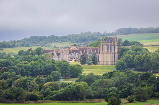 Lancing college in the hillside from  Mill hill on the south downs Shoreham west Sussex south east England UK