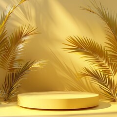Empty round podium for product display on a yellow background with golden palm leaves. Mockup for cosmetic presentation. Concept of summer sale, discount, promotion.
