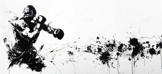 Black and white illustration of a strong boxer fighting, throwing a punch with splattered ink effect