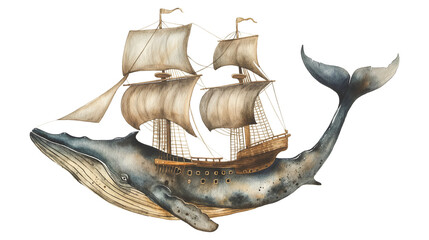 A whale is swimming in the ocean with a key in its mouth isolated on a transparent background