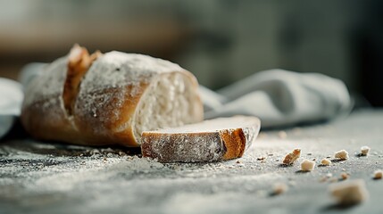 A close-up image of a freshly baked sliced loaf of bread on a rustic table with flour crumbs sprinkled around.