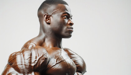 Impressive close-up portrait of an African-American bodybuilder exuding strength and determination