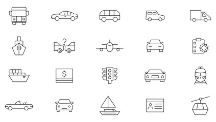 Vehicle thin line icons set. Industrial and transport linear icons collection. UI thin outline icons pack