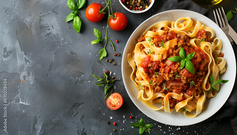 Sticker Pasta Fettuccine Bolognese with tomato sauce in white bowl. Flat lay. Top view