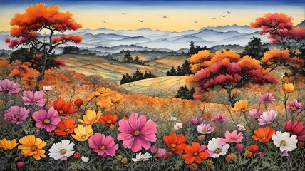Fototapeta premium Autumn field in full bloom with cosmos, Generative AI