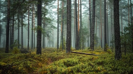 Obraz premium The smell of rain-soaked pine trees in a forest is a refreshing and invigorating natural fragrance.