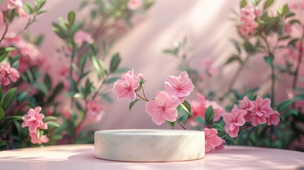 Fototapeta premium White podium with pink flowers for product presentation. Spring floral background for cosmetic products. 3D rendering.