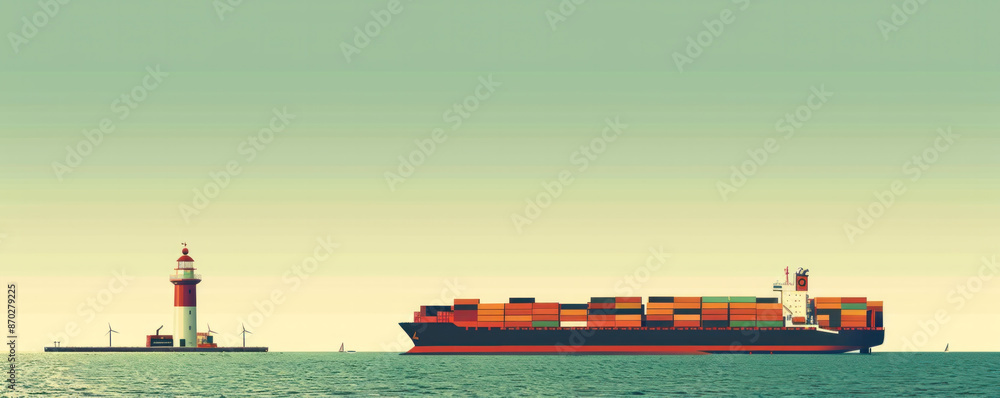 Poster a large cargo ship is sailing in the ocean next to a lighthouse. the scene is calm and peaceful, wit