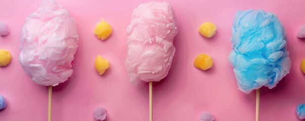 Three colorful cotton candy sticks are on a pink background with blue and pink candy. Free copy space for text.