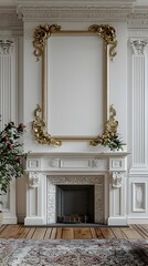 Obraz premium Stunning showcasing an elegant gilt edged frame against a backdrop of a traditional interior complete with an ornate fireplace mantle intricate crown molding and classical architectural details