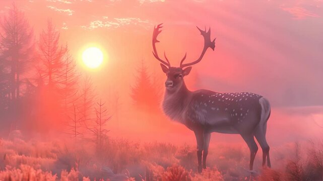 reindeer in the fog. silhouette. japanese illustration. sunset.generatiive ai