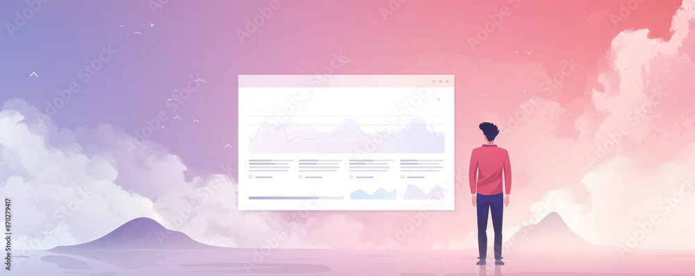 Poster a man stands in front of a computer screen with a graph on it. the man is looking at the graph, poss