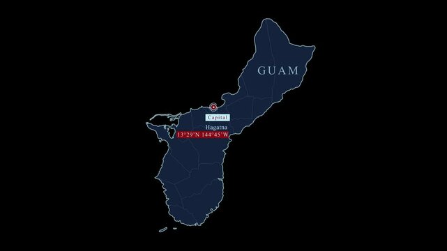 Blue stylized Guam map with Hagatna capital city and geographic coordinates on black background. Motion graphic vfx digital animation