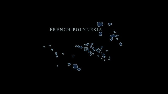 Blue stylized French Polynesia map with Papeete capital city and geographic coordinates on black background. Motion graphic vfx digital animation