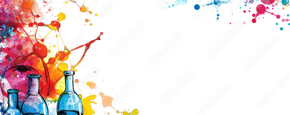 Poster a colorful background with splatters of paint and a few vases. the vases are blue and are placed in 