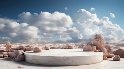 3d circle rock podium product stand or display with sky and cloud background and cinematic light