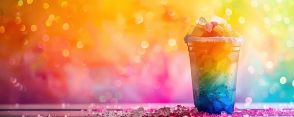 A vibrant, rainbow-colored crushed ice slushy drink in a clear plastic cup, topped with colorful ice crystals, and a striped straw, against a pastel gradient background.