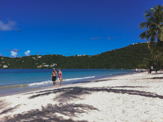 Tropical paradise island gold sandy beach and crystal clear turquoise water in Caribbean with coconut palm trees, secluded getaway cove bay pelican hideway luxury resort