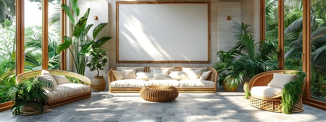 Fototapeta premium Bright and Airy Sunroom with Modern Rattan Furniture and Tropical Plants