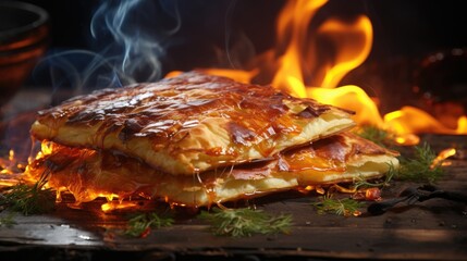 a pan of food that is on a grill with a fire burning.