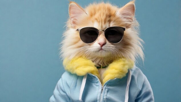 pet, animal, yellow, background, portrait, cute, feline, kitten, fluffy, white, adorable, kitty, funny, domestic, young, eyes, beautiful, clothes, summer, lovely, humor, concept, look, fun, fashion, s