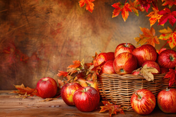 A basket overflowing with red apples sits on a wooden table, surrounded by autumn leaves