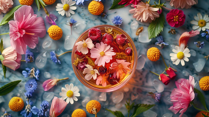 Floral infusion tea with berries and ice on marble background