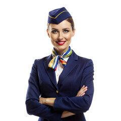 Beautiful female flight attendant with blue uniform standing isolated on transparent background