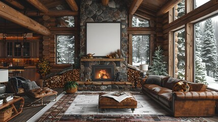 Cozy Rustic Cabin Interior with Wooden Beams and Stone Fireplace in Winter Landscape