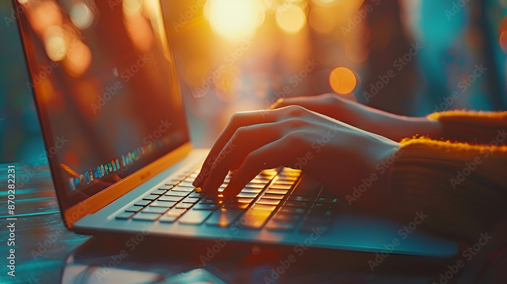Poster a close-up view of a person's hands typing on a laptop keyboard. the laptop is placed on a table, an
