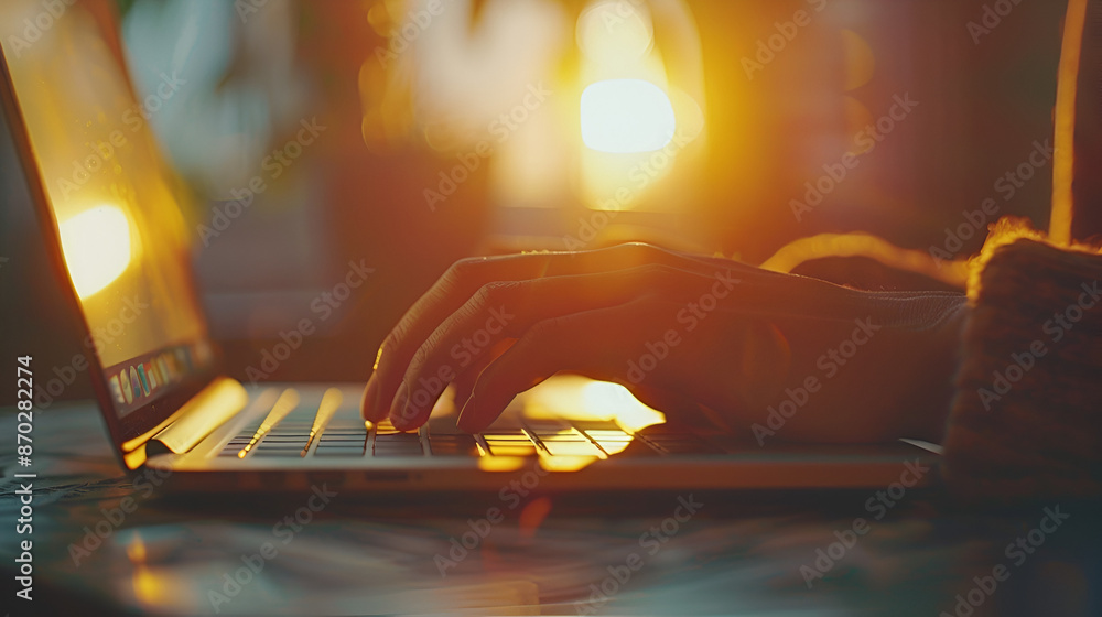 Poster a close-up view of a person's hands typing on a laptop keyboard. the laptop is placed on a table, an