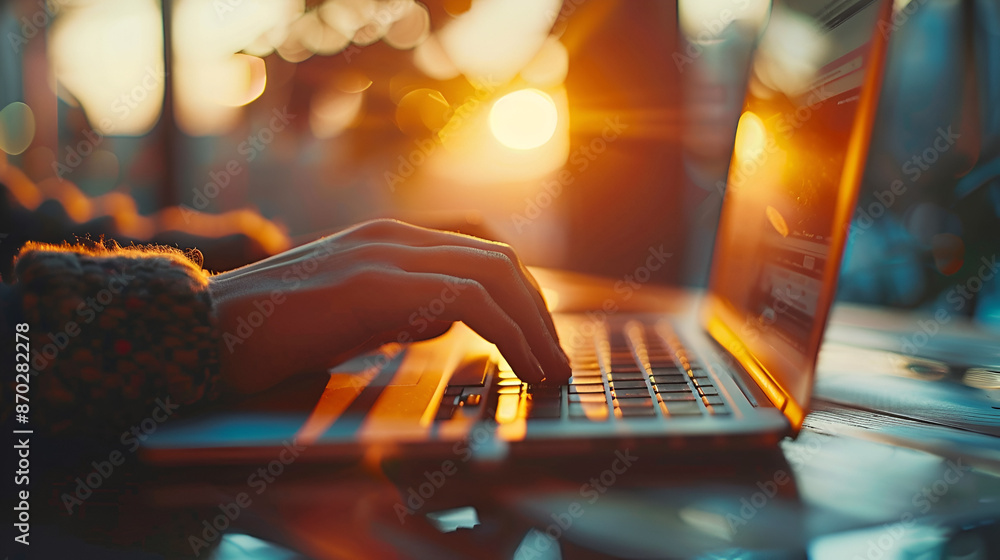 Poster a close-up view of a person's hands typing on a laptop keyboard. the laptop is placed on a table, an