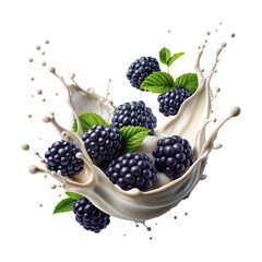 Fresh blackberries with splashing milk, isolated on transparent background