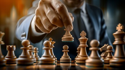 businessman in suit making strategic move in chess game close-up