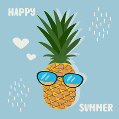 funny pineapple in sunglasses. pineapple vector illustration. pineapple on the beach