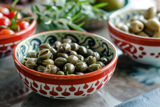 A bowl of green olives sits on a table, ready to be enjoyed. The bowl is decorated with a white and red pattern