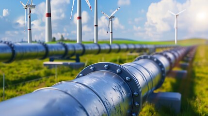 modern wind farm with wind turbines and pipeline symbolizing renewable energy
