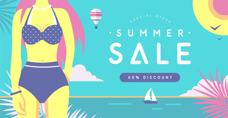 Retro flat summer big sale poster with beautiful girl in swimsuit on beach background Vector illustration