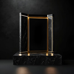 Elegant black stand or podium, scene with black stone and black background. Beautiful black background with place for the product. Elegant dark background