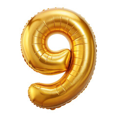 Number nine font golden balloon isolated on transparent background