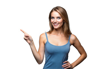 Pretty woman pointing her finger to the side of empty space, isolated transparent background