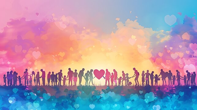 World Kindness Day Template: Design a heartwarming background for World Kindness Day, featuring silhouettes of people helping each other. Use soft, pastel colors and leave ample space for text.